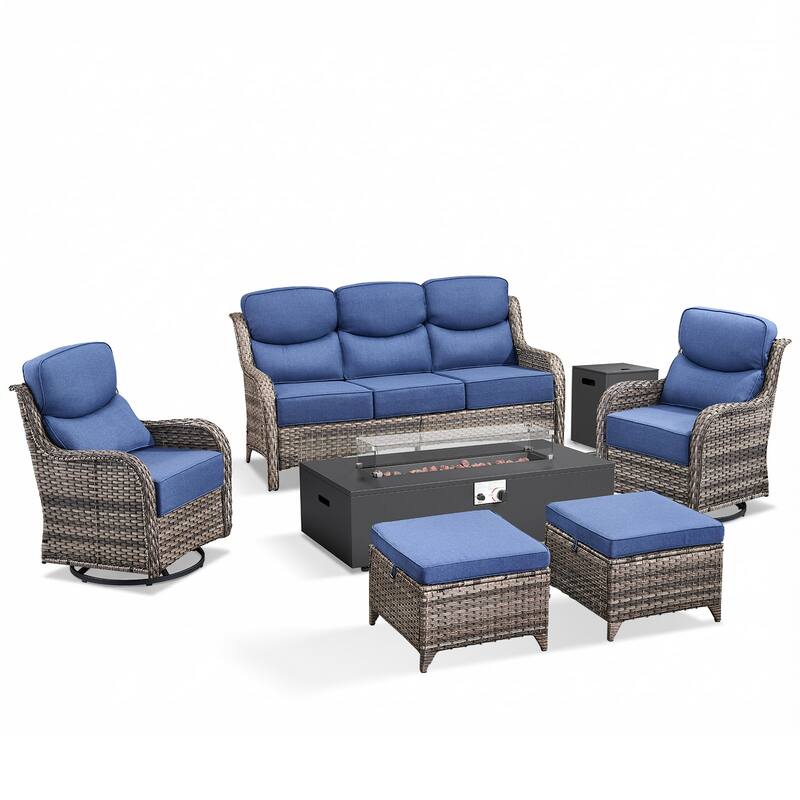 Pocassy 43" Fire Pit w/ Outdoor Sofa Swivel Chair Ottoman Set