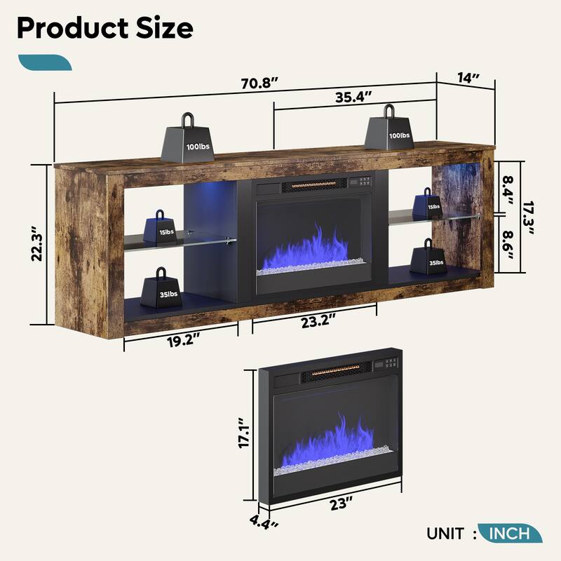 TV Stand for TVs up to 75" with Fireplace, LED Entertainment Center - 71 inch