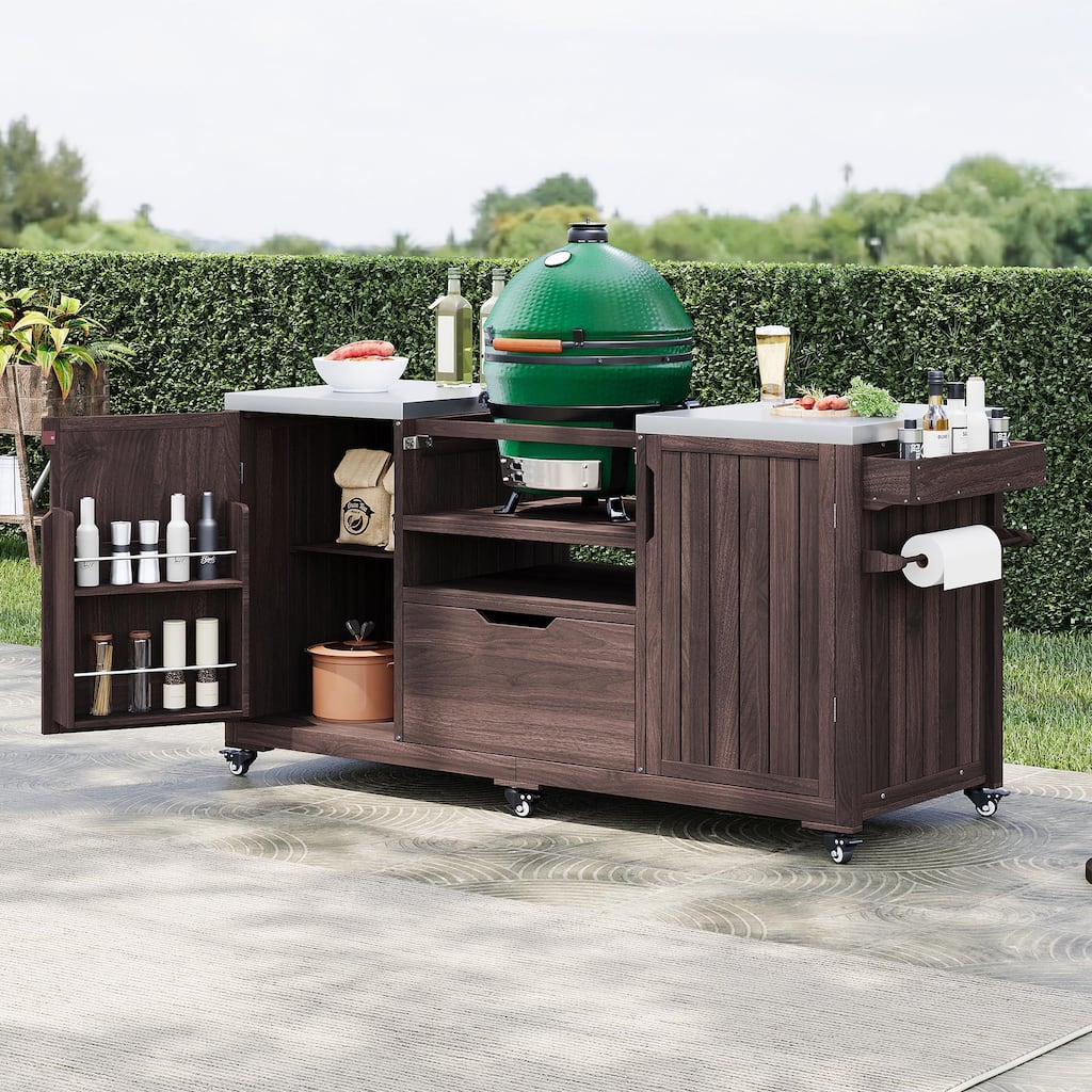 66.5" Kitchen Island Grill Cart for Big Green Egg & Kamado Joe, Solid Wood Cart with Stainless Steel Top, Drawer for Dining Room