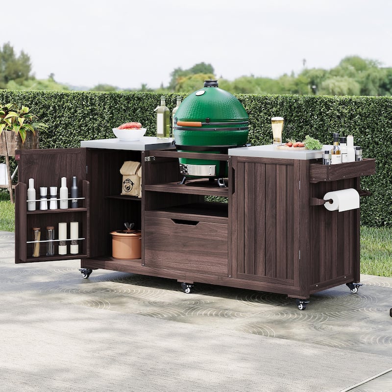 66.5" Solid Wood Outdoor Kitchen Island for Big Green Egg Grills with Stainless Steel Top & Drawer - Brown