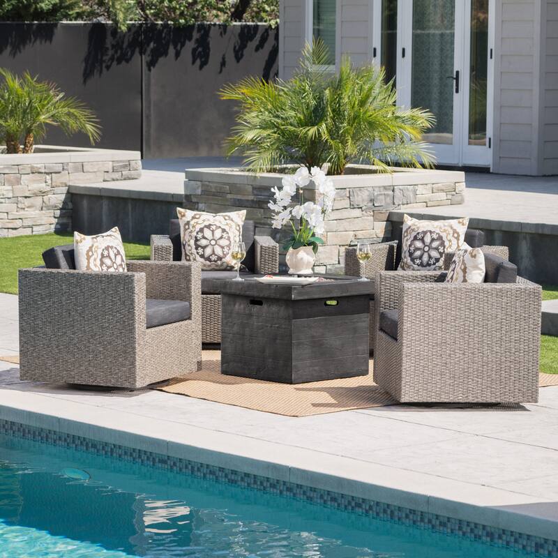 Puerta Outdoor 4-piece Wicker Swivel Chair Set with Square Firepit by Christopher Knight Home - Grey