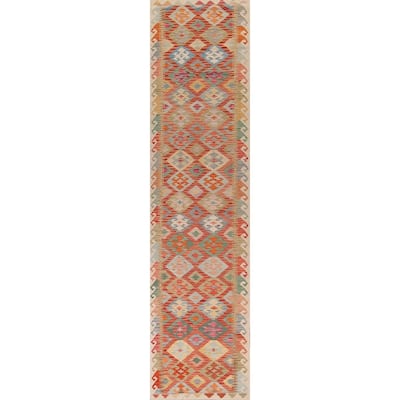 Geometric Kilim Oriental Runner Rug Hand-Woven Wool Carpet - 2'9"x 16'4"