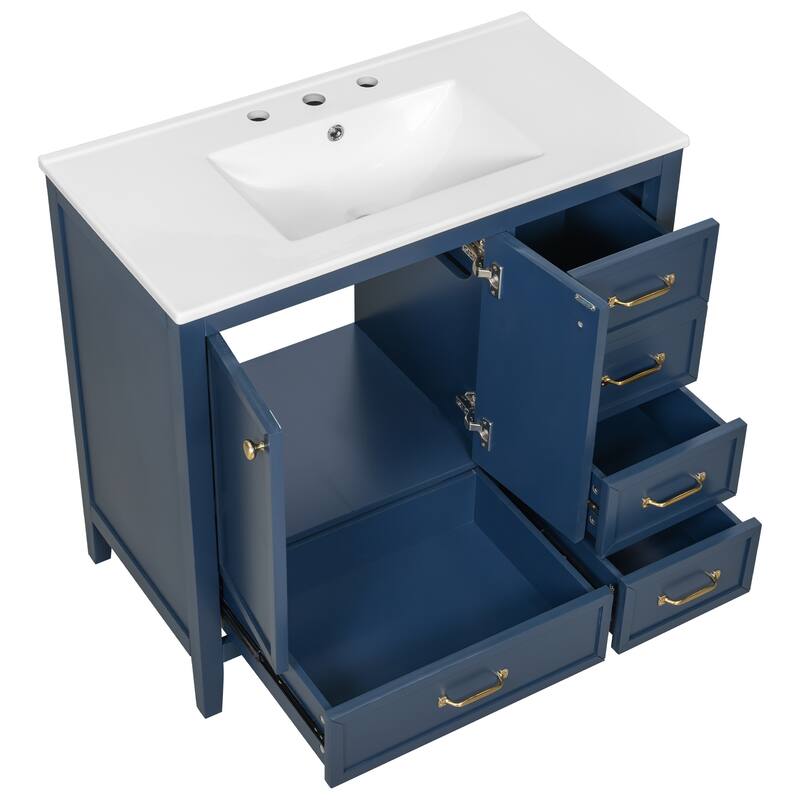 36" Bathroom Vanity with Sink, Bathroom Cabinet with Soft-Closing Door, 4 Drawers of Different Sizes, Solid Wood Frame and Leg