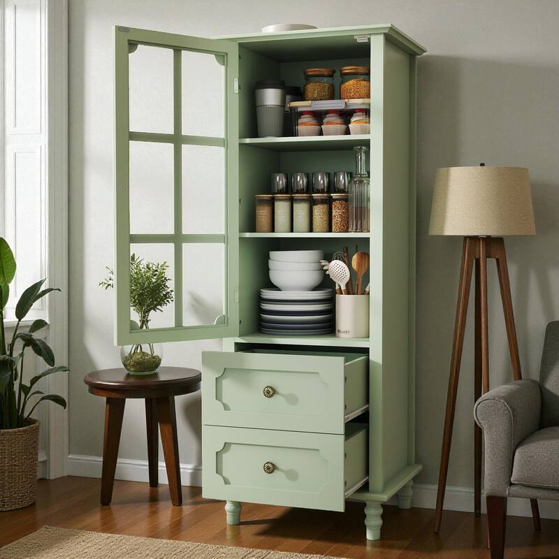 Minimalist Buffet Cabinet with Glass Doors and Drawers, Modern Wooden Storage Sideboard for Dining or Living Room