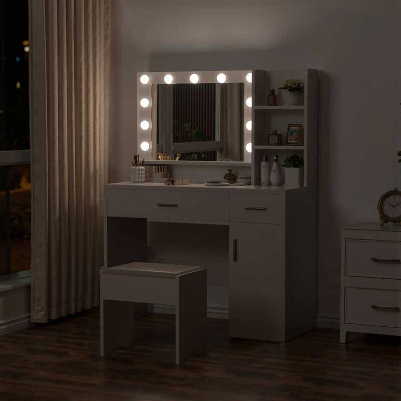Kullavik Makeup Vanity Desk Set with Stool, Adjustable Lighted Mirror and Storage