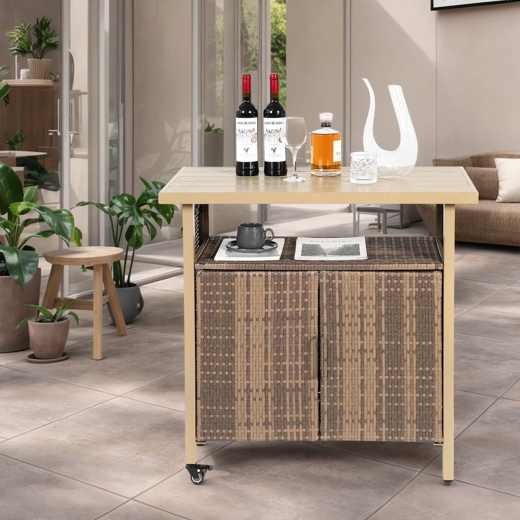 Outdoor Wicker Bar Cart Patio Wine Serving Cart brown