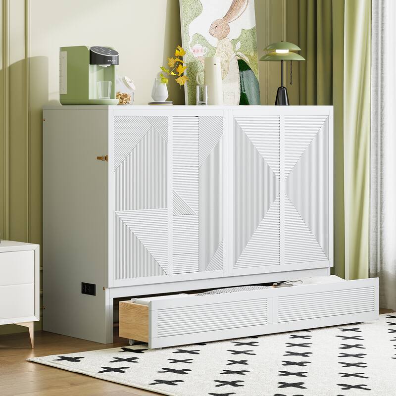 Full Size Murphy Bed with Storage, USB Ports, and Outlets in White