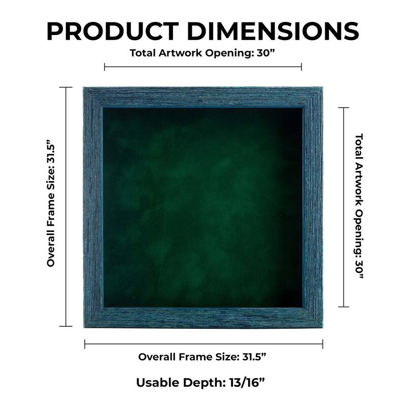 30x30 Shadow Box Frame Blue Wood | 1" Usable Display Depth | Includes a Forest Green Suede Acid-Free Backing Board