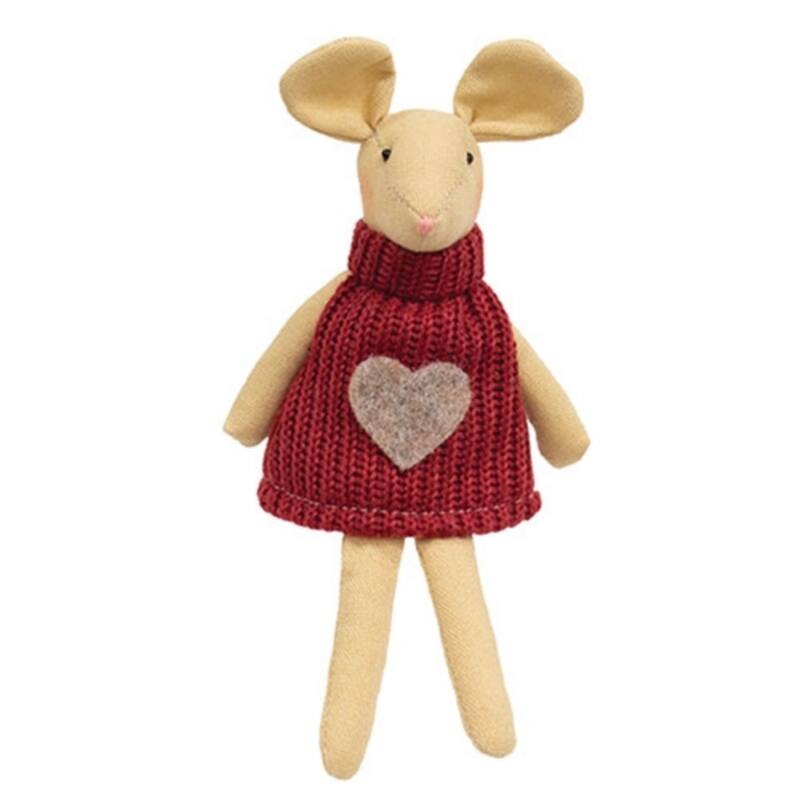 Heart Sweater Sitting Mouse Plush Winter Holiday Decor Tabletop Figurine with Knit Sweater - 7” (H) x 3.5” (W) x 2.25” (D) - Beige-Red