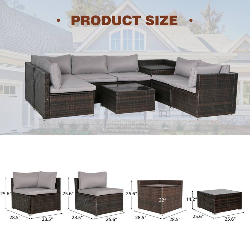 7-PC Wicker Patio Conversation Set with Brown Cushions, 6 sofas, 1 table