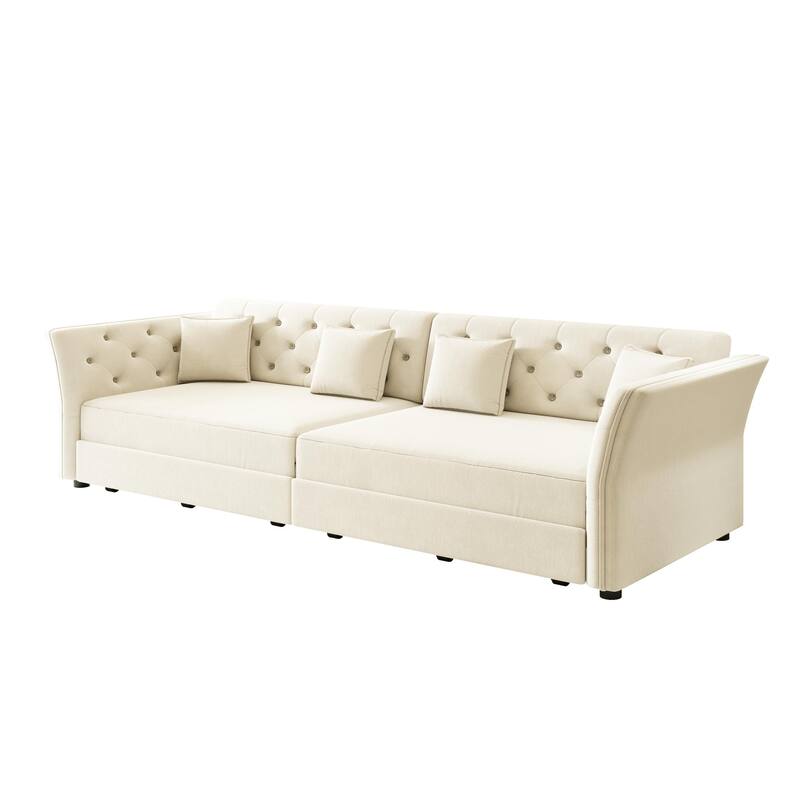 Homy Casa 100"/74" Oversize 4-Seater Convertible Pull Out Sofa Bed with Flower Tufted Velvet