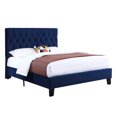 Navy Blue Queen Size Upholstered Bed Frame in Transitional Style with Elegant Design