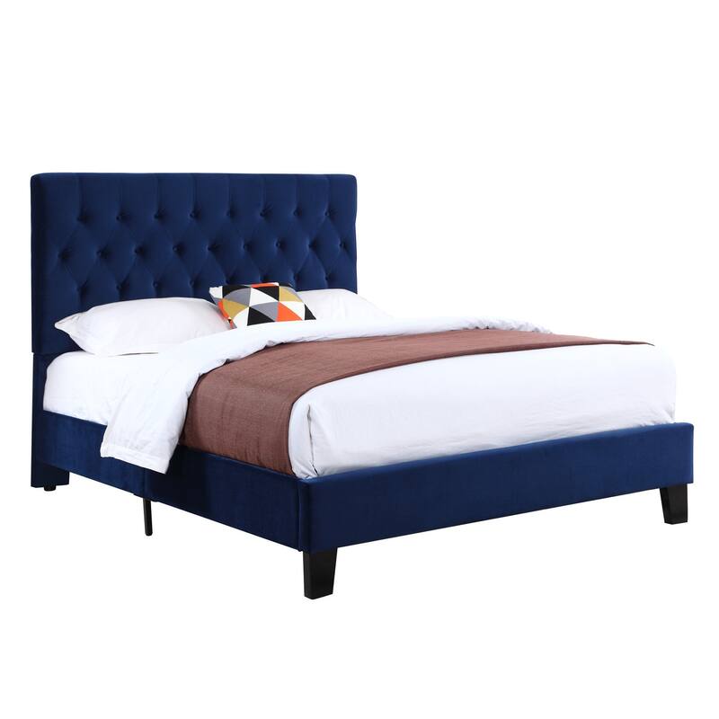 Navy Blue Queen Upholstered Bed with Solid Wood Frame, Easy Assembly, Transitional Style, Elegant Bedroom Furniture - Blue