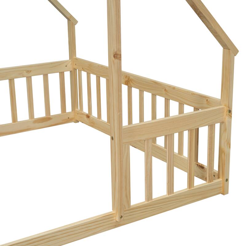Full Wood House-Shaped Floor Bed with Fence, Guardrails
