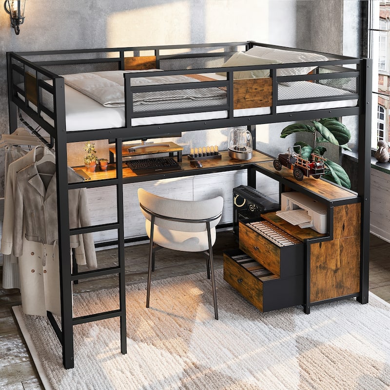 Twin XL Loft Bed with Desk and Storage Non-woven Fabric Drawers with Ladders, Nosie-free and No Spring Box Needed