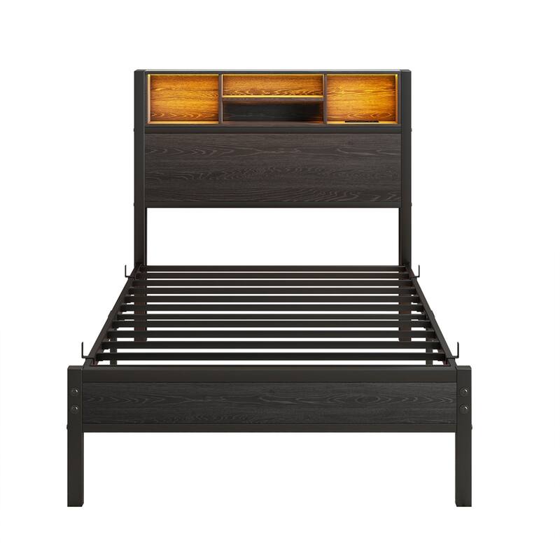 Twin Size Bed Frame with Storage,Metal Platform Bed w/Charging Station