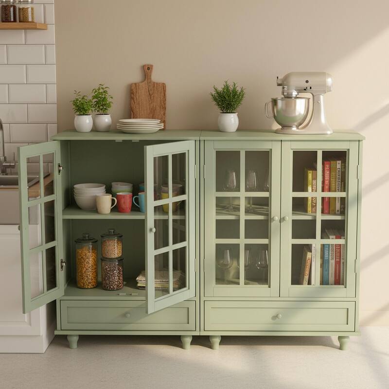Homy Casa Minimalist Buffet Cabinet with Glass Doors & Drawer, Storage Sideboard, Kitchen Living & Dining Room Hallway Entryway