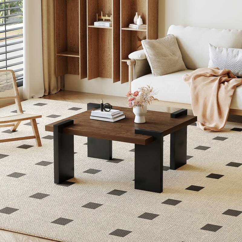 Modern Minimalist Coffee Table Square Coffee Table with Black Legs and Natural Wood Tabletop, for Living Room - Beige