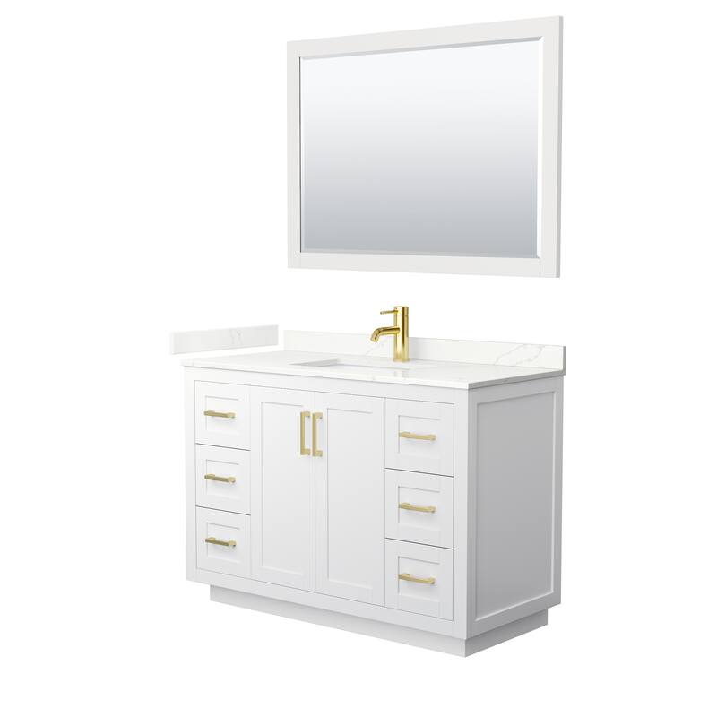 Miranda 48-inch Single Vanity, Quartz Top, 46-inch Mirror - White, Gold Trim, Giotto Quartz Top