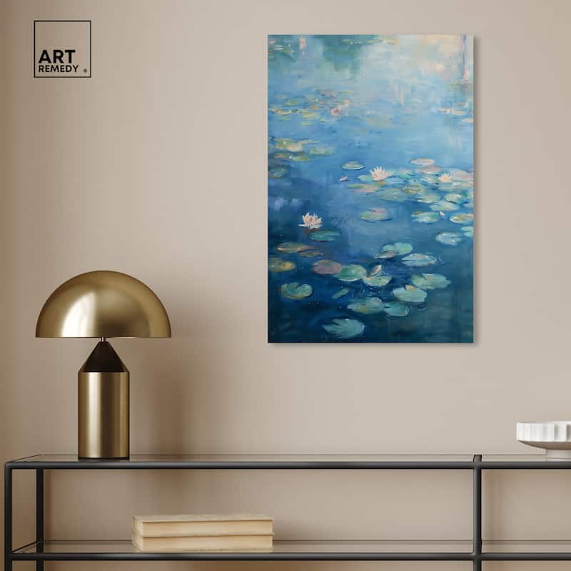 Art Remedy Lilypads In Blues Gallery Wrapped Impressionism 1 Piece Canvas Wall Art /Monet And Van Gogh Inspired Art