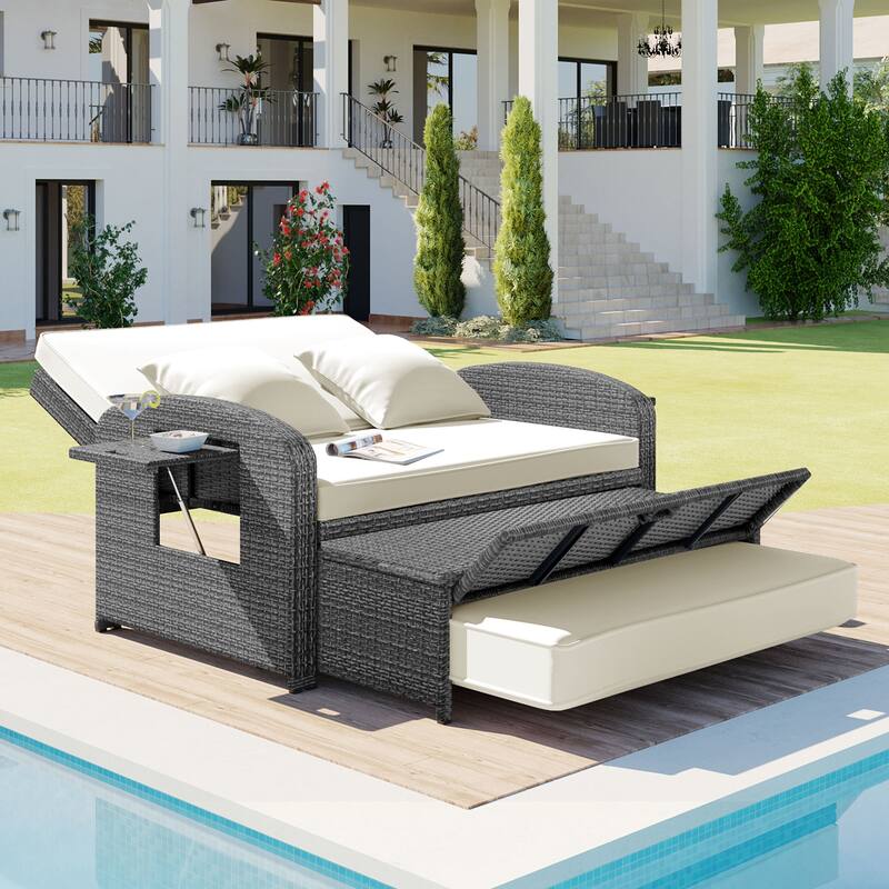 Outdoor Double Reclining Chaise Lounge with Cushions and Waterproof Cover, Adjustable Backrest and Hidden Footrest Storage