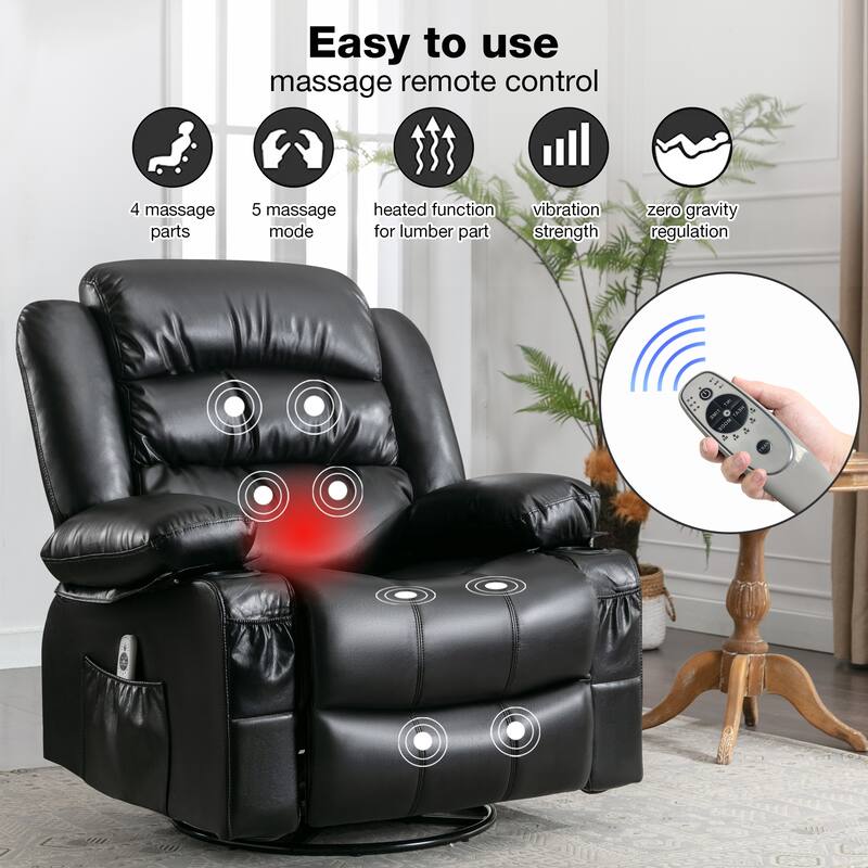 Black Swivel Rocker Recliner with 360° Rotation, Heat, 8-Point Vibration Massage, USB Ports, and Cup Holders