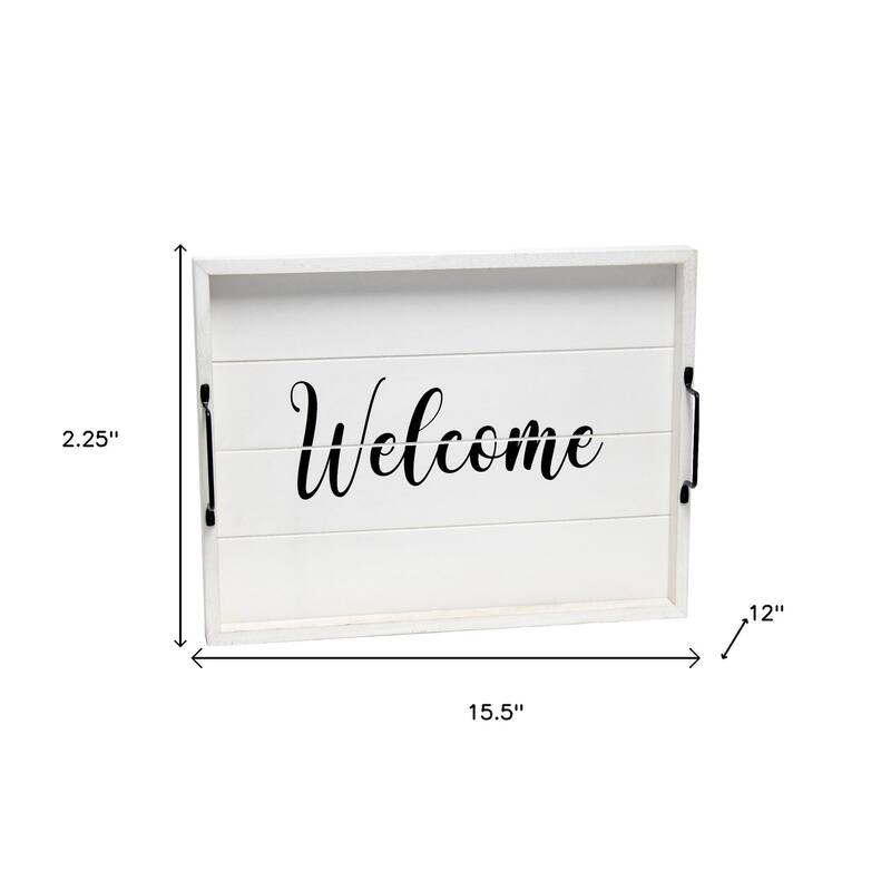 HomeRoots 16" White And Black Welcome Serving Tray With Handles - 15.50 in. x 2.25 in. x 12.00 in.