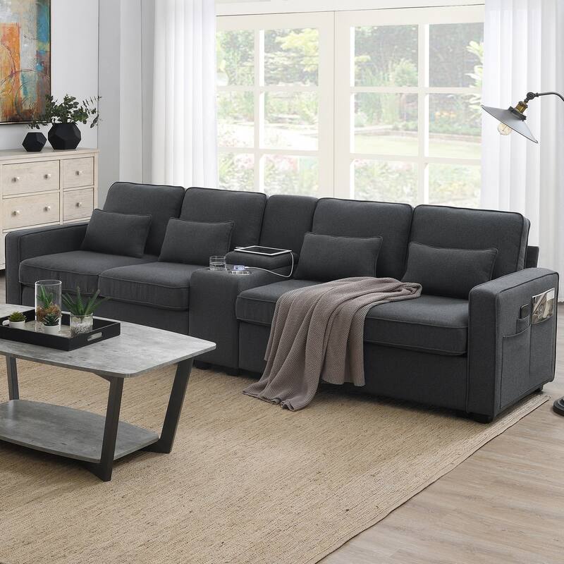 114.2" Linen Fabric Upholstered Sofa with 2 USB Ports and 2 Cupholders