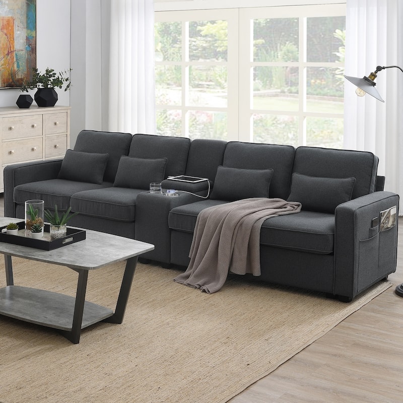 Modern 114.2 4-Seat Upholstered Sofa with Console, Cup Holders & USB Charging Ports, Dark Grey Linen Fabric