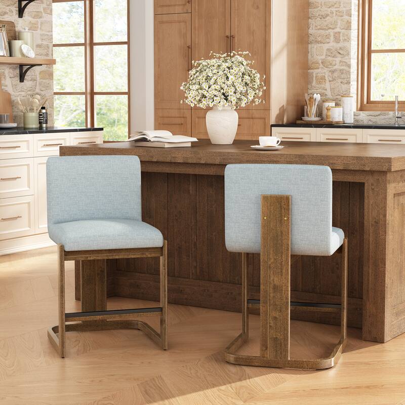 Christopher Knight Home - Modern Linen Upholstered Counter Height Bar Stools with Solid Wood Legs & Square Backrest, Set of 2
