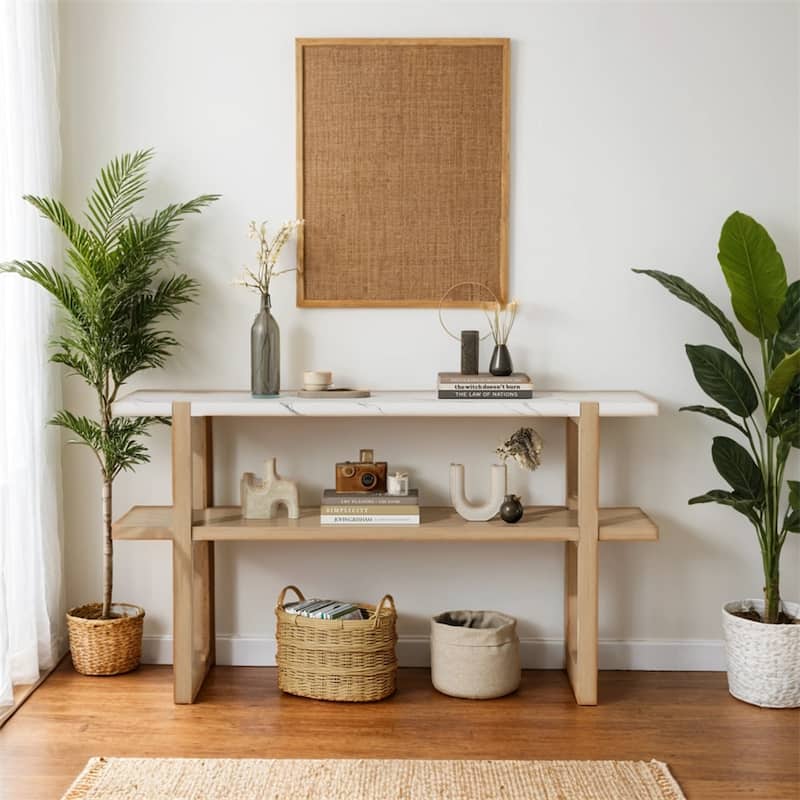 Retro Elegant Console Table with Marble-Effect Top & Versatile Storage