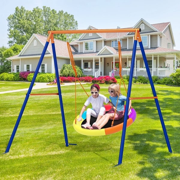 slide 2 of 9, Saucer Swing with Stand for Kids Outdoor 440lbs Swing Set Heavy-Duty - 40 in Rainbow
