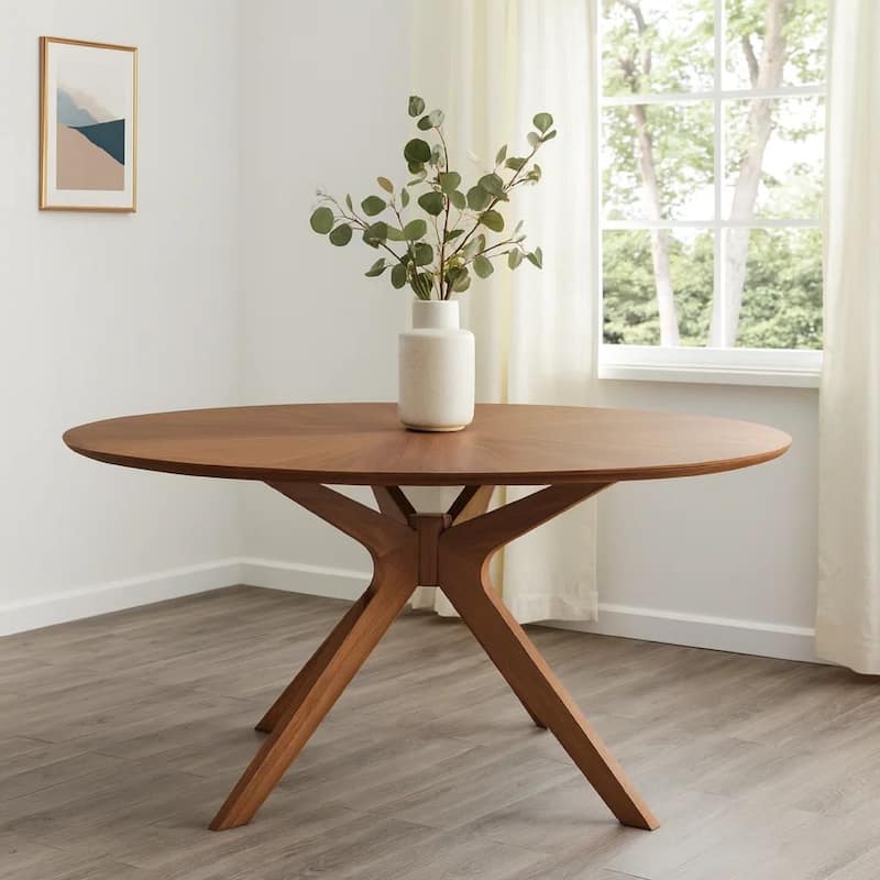 Contemporary 47 Inch Round Wooden Dining Table with Spider Legs, Walnut Brown