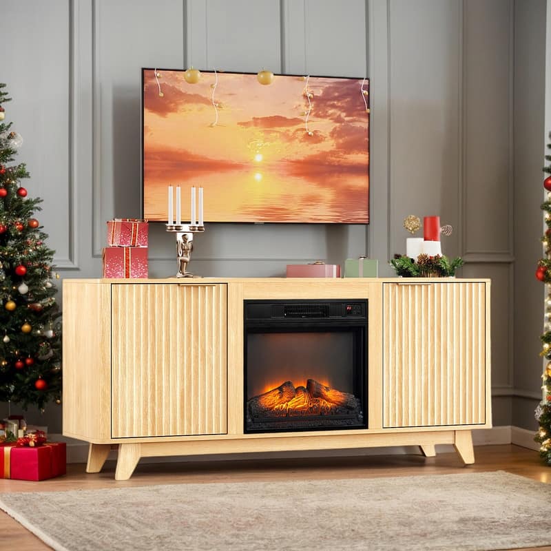 Farmhouse 58'' TV Stand For Tvs Up To 70'' With Electric Fireplace and 2-Door