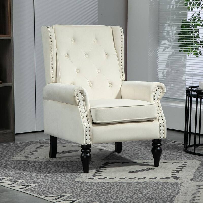 Transitional Wingback Accent Chair Armchair with Sturdy Wood Legs - Velvet - Beige