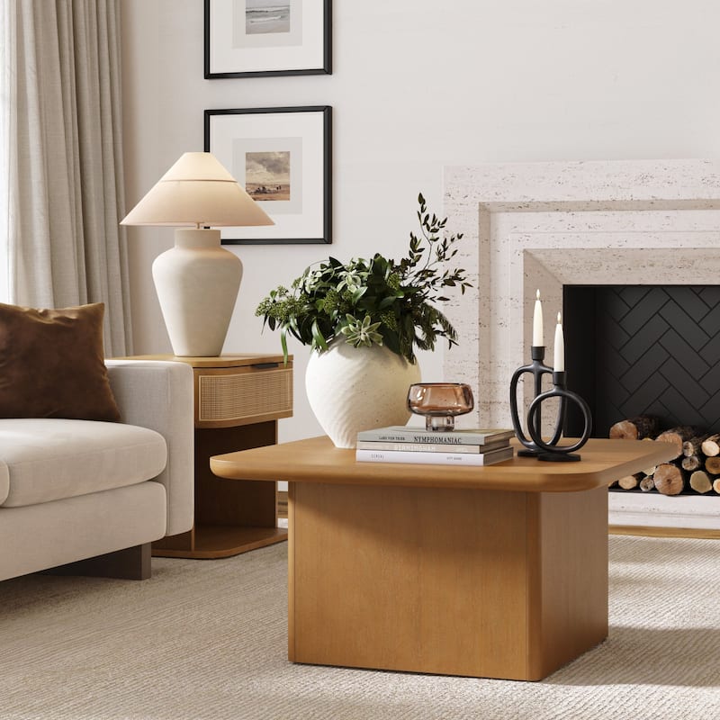 Rein Organic Modern Coffee Table, Rustic Wood Square Coffee Table with Rounded Edge - Light Brown