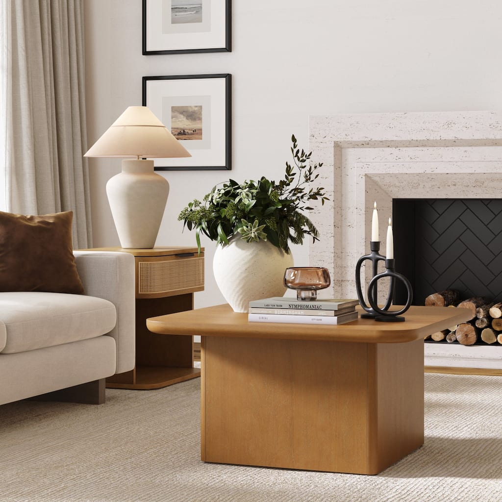 Rein Organic Modern Coffee Table, Rustic Wood Square Coffee Table with Rounded Edge