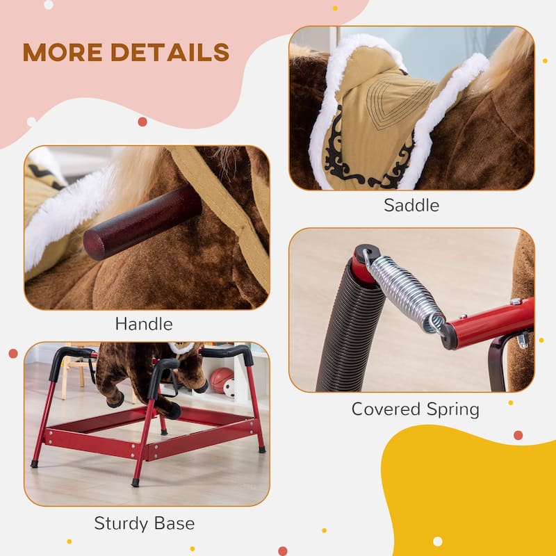 Qaba Kids Spring Rocking Horse, Ride on Horse for Girls and Boys with Animal Sounds, Plush Horse Ride-on with Soft Feel