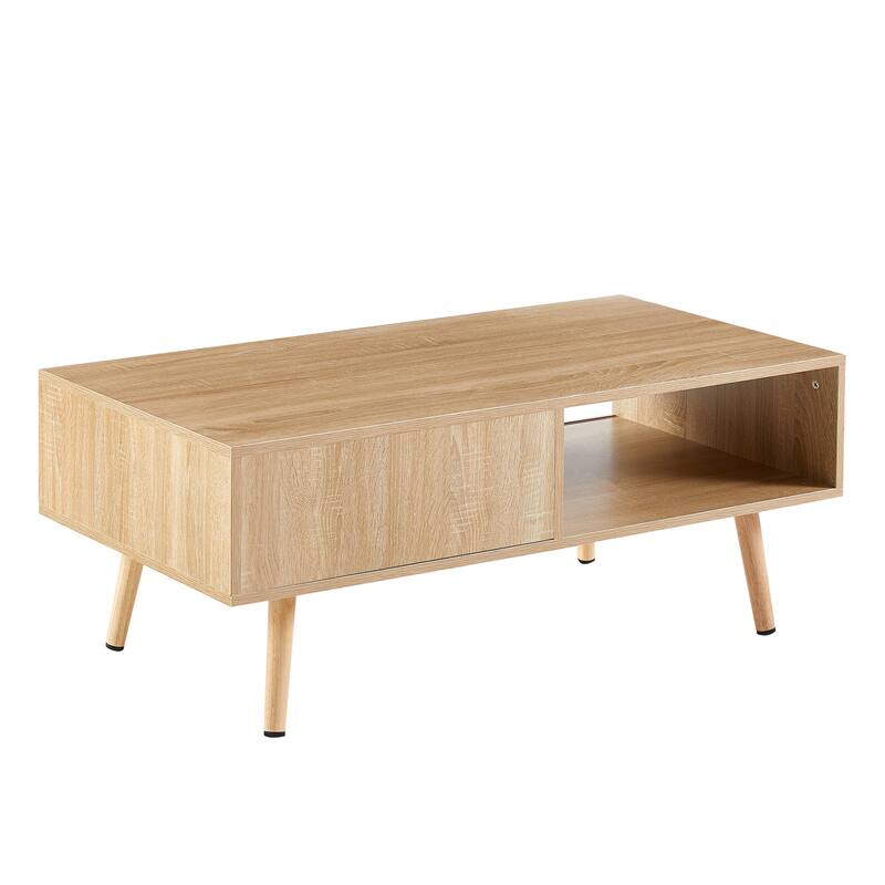 41.34" Rattan Coffee table, sliding door for storage, solid wood legs, Modern table