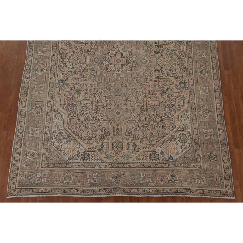 Geometric Tabriz Distressed Persian Vintage Rug Handmade Wool Carpet - 7'10" x 10'9"