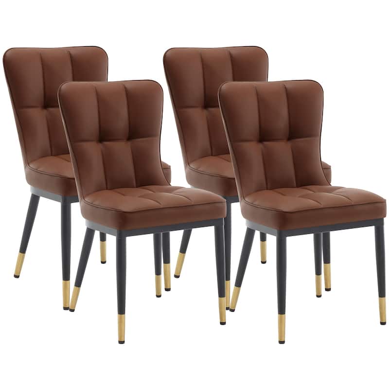 Faux Leather Upholstered Dining Chairs Set of 4 with Checked Pattern - Brown
