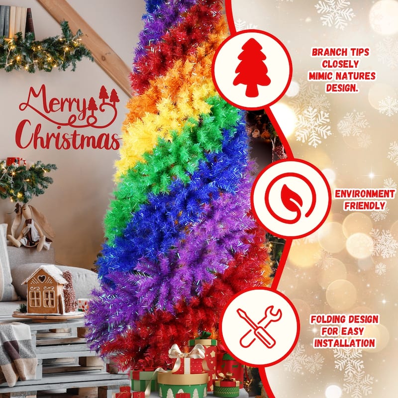 Rainbow Spiral Artificial Christmas Tree - Colorful PVC Branches, Unique Design, Full Lush Shape, Metal Stand