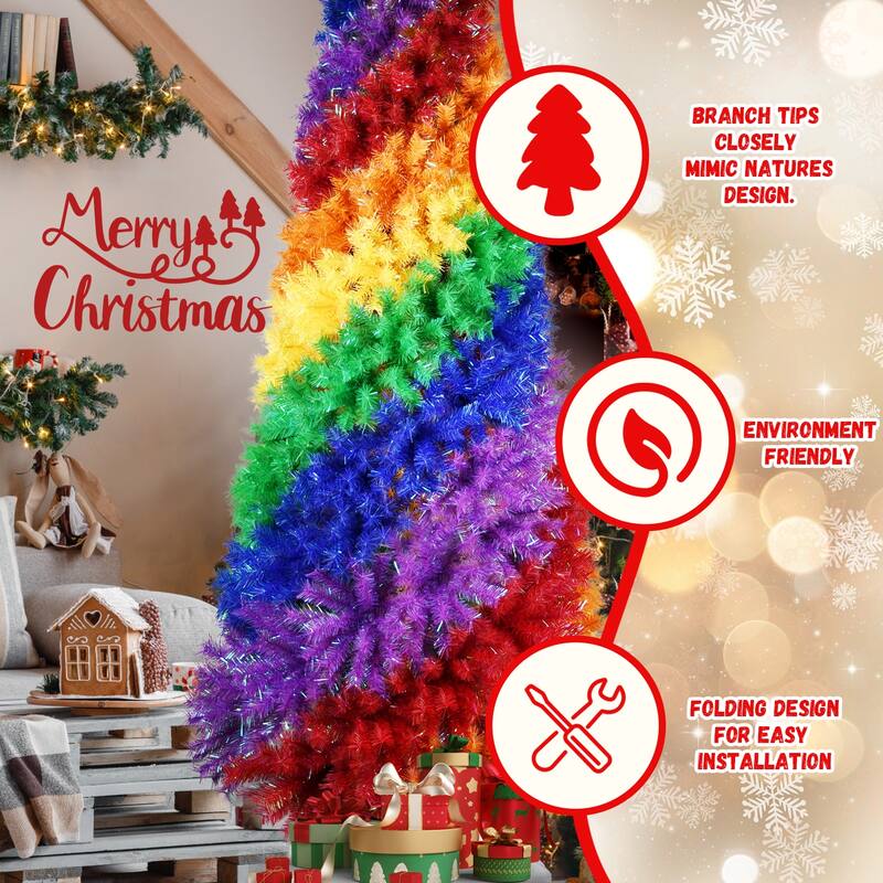 Rainbow Spiral Christmas Tree - Colorful PVC Branches, Unique Design, Full Lush Shape, Metal Stand