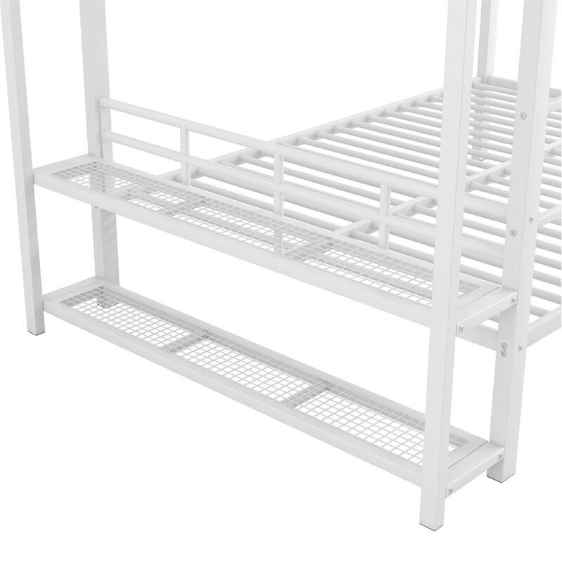 Full Over Full Size Bunk Bed with LED Light and Clothes Hanger, Metal Bunk Bedframe w/ Storage Mesh Shelves, Ladder & Guardrail