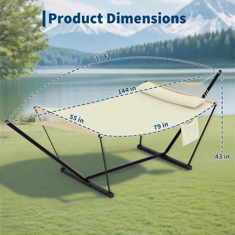 Heavy Duty Portable Double Hammock with Stand for Outdoor Patio, Garden, Beach, Backyard
