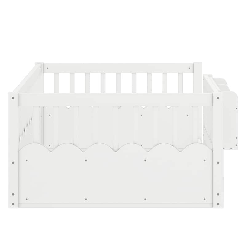 Montessori Floor Bed Kids Bed Frame with Heightened Fence and Bookshelf, Wavy Decoration Wood Platform Bed, No Slats Design