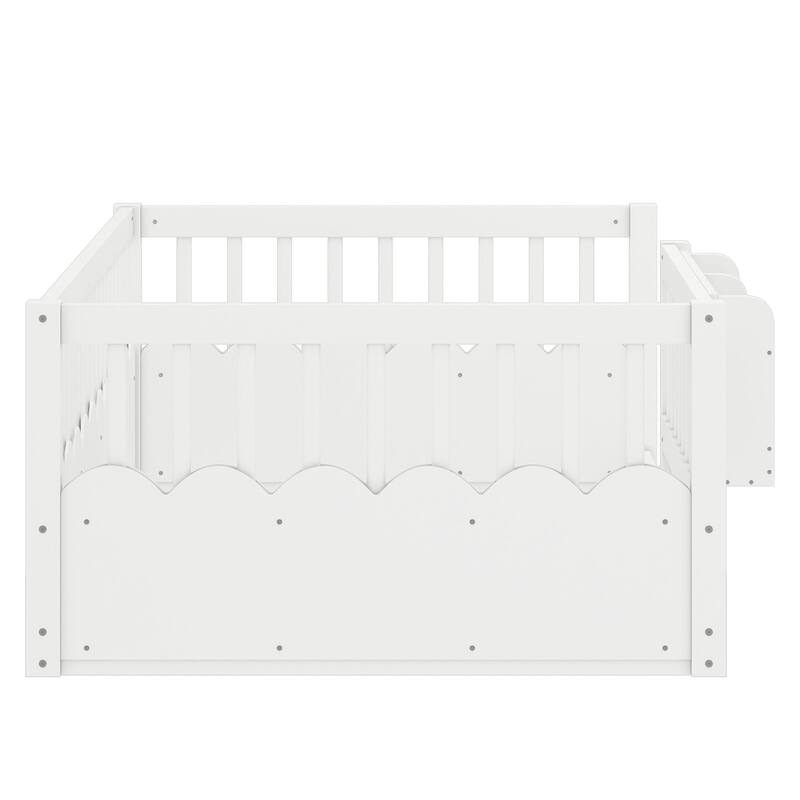 Queen/Full/Twin Floor Bed with Fence and Bookshelf, Wood Kids Floor Bed
