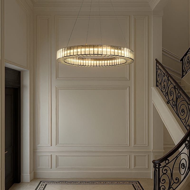 34'' Modern Halo Round Textured Glass Integrated Led Chandelier Brass Empire Led Ceiling Light For Dining Room Living Room