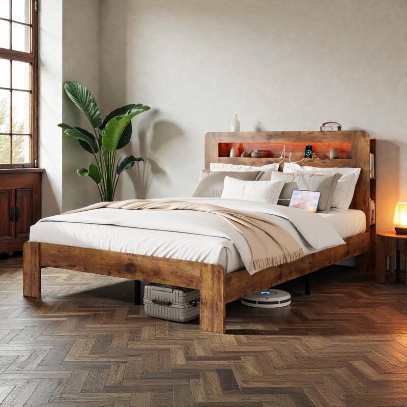 Wood Platform Bed Frame with LED Storage Headboard, USB Charging Ports, Noise-Free Design & Large Underbed Storage - Dark Brown - Queen