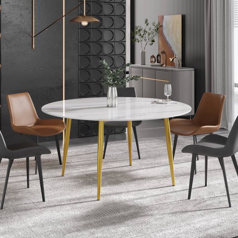 59" White Round Dining Table with Marble Top and Metal Legs